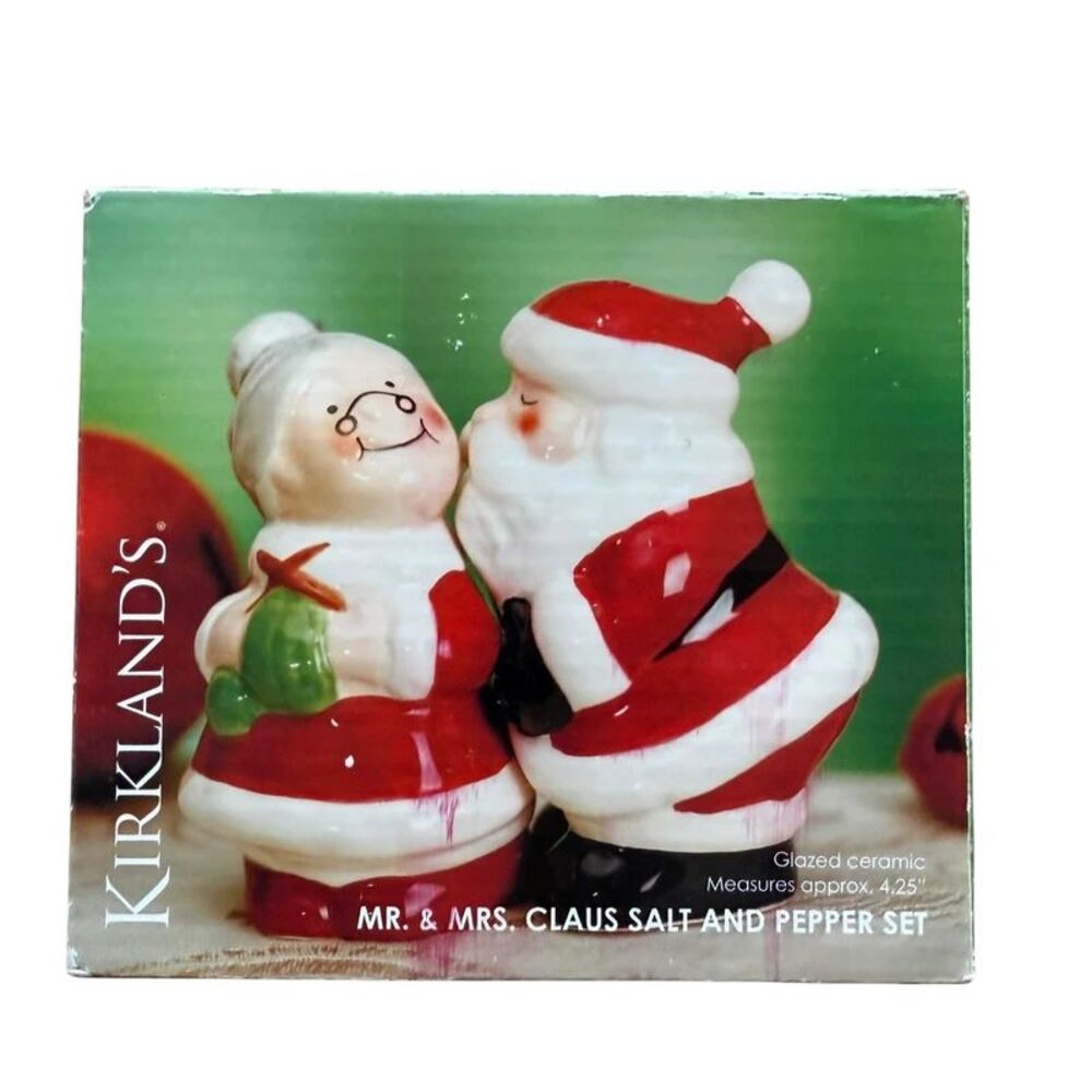 Kirklands Mr & Mrs Claus Christmas Salt and Pepper Shaker Set With Box Open Box